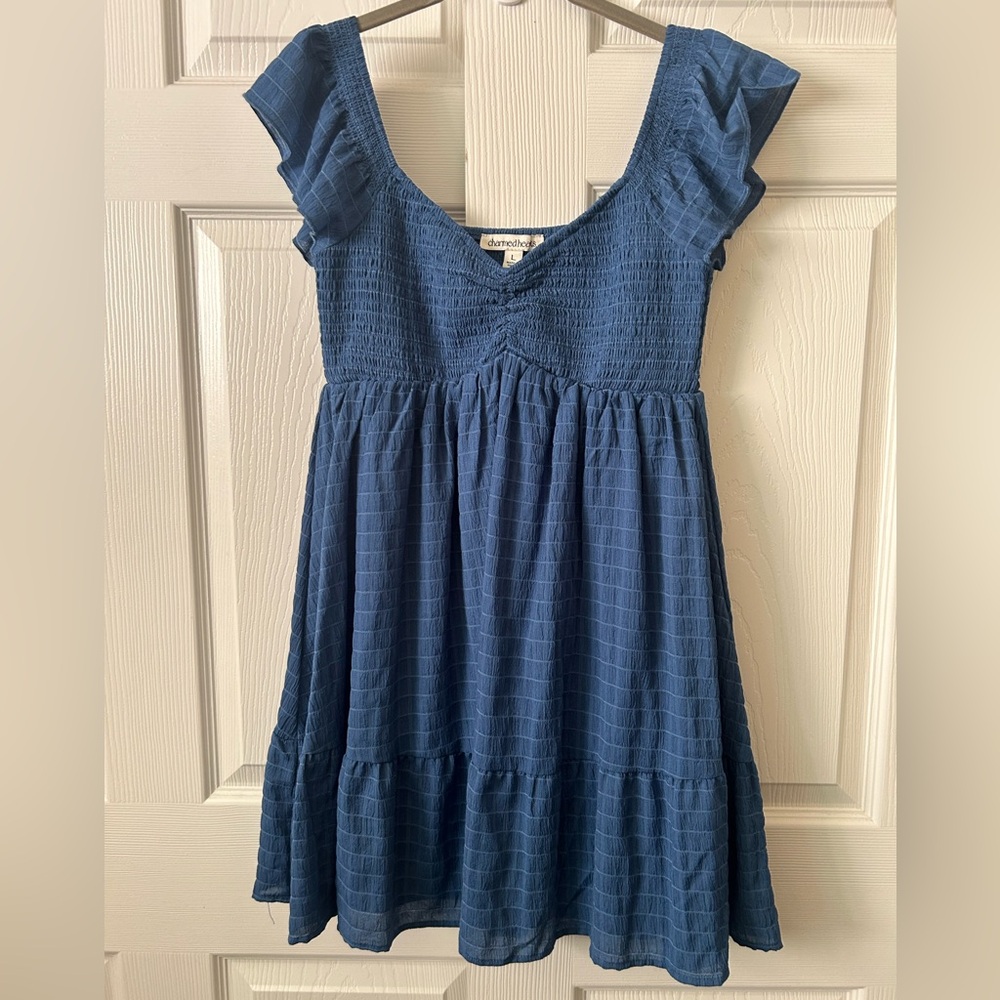 Charmed Hearts Blue Smocked Short Flutter-Sleeve Dress Lg